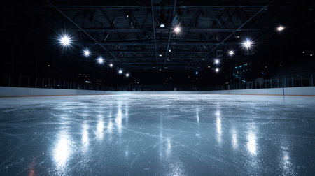 An expansive ice rink illuminated by bright lights, showcasing a smooth, reflective surface. This serene scene captures the tranquility and beauty of an indoor hockey arena ready for action.の素材