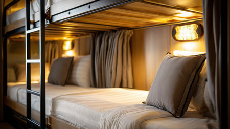 Experience comfort and style in this cozy dorm room featuring modern bunk beds with elegant decor and warm lighting, perfect for group travel and shared accommodations.の素材