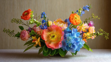 A stunning floral arrangement featuring vibrant blooms in a decorative vase, perfect for enhancing home interiors or adding a touch of elegance to special events and celebrations.の素材
