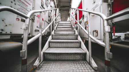 A view of industrial steps leading up to a loading dock, highlighting metal railings and shipping containers. Perfect for themes related to logistics and transportation in urban environments.の素材