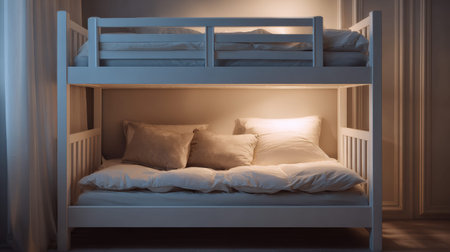 A cozy bunk bed designed for children's rooms or guest accommodations, featuring plush bedding and soft light, creating a warm and inviting sleep space.の素材