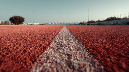 Captured from a low angle, this image showcases an empty outdoor running track with a vibrant red surface stretching into the distance, surrounded by a clear blue sky.の素材