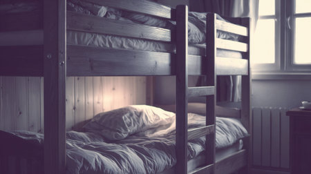 A serene view of cozy bunk beds in a warm room, showcasing soft pillows and a gentle atmosphere created by natural light, perfect for relaxation and comfort.の素材
