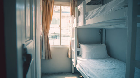 A charming bunk bed room featuring soft linens and warm natural light, perfect for a cozy stay. Ideal for hostels, youth accommodations, or children's rooms.の素材