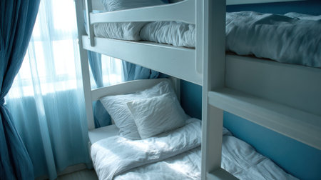 Experience the charm of a cozy sleeping area featuring stylish bunk beds, soft linens, and ample natural light, ideal for creating a comfortable retreat.の素材