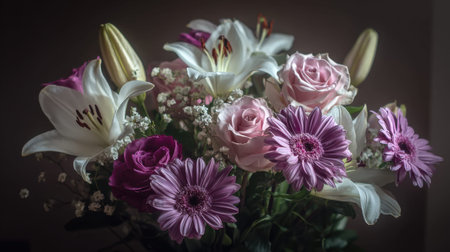 A stunning floral arrangement featuring a mix of lilies, roses, and daisies in gentle light, perfect for decoration or as a heartfelt gift.の素材