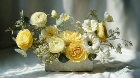 Stylish yellow floral arrangement featuring ranunculus and roses, beautifully presented in a modern vase. Ideal for enhancing interior spaces and celebrating events.の素材