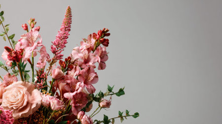 A stunning arrangement of pink flowers accented with lush greenery, perfect for decoration and design projects. Ideal for celebrations, weddings, or floral art inspiration.の素材