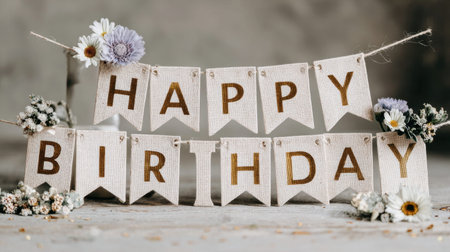 A charming birthday banner featuring elegant lettering and delicate floral accents, perfect for adding a cheerful touch to any celebration or event decor.の素材
