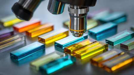 A detailed view of a microscope hovering over a range of colorful glass slides, showcasing light refraction and the intricate details of laboratory research.の素材