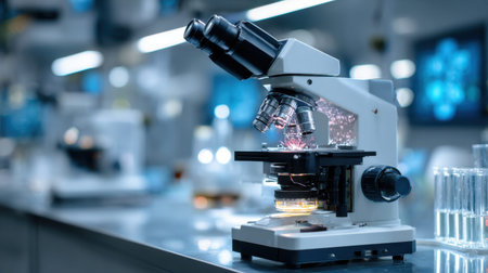 A modern laboratory microscope sits under bright LED lights, showcasing advanced technology and glassware. Ideal for scientific research and educational settings focused on precision and innovation.の素材