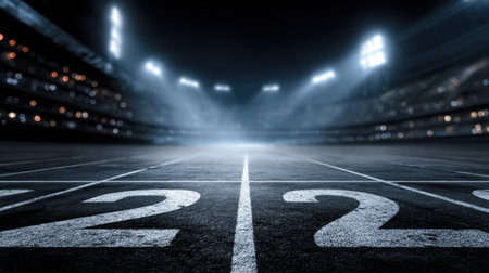 An atmospheric view of a deserted sports stadium track under bright lights, shrouded in fog, creating a sense of anticipation for upcoming competitions and athletic events.の素材