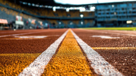 An artistic view of an empty athletic track showcasing freshly painted lines under the bright sunlight, creating a captivating atmosphere in a spacious outdoor stadium setting.の素材