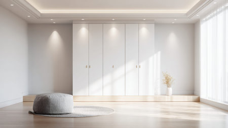 Bright and airy modern interior showcasing minimalist design elements with elegant cabinetry and natural light, perfect for contemporary home aesthetics and inspiration.の素材