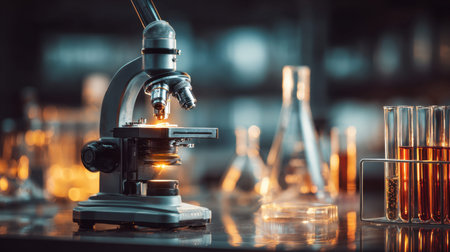 A modern microscope is illuminated brightly in a laboratory, showcasing intricate details. Surrounding glass beakers and test tubes enhance the scientific atmosphere.の素材