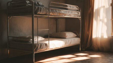 A cozy and simple bunk bed sits in a softly lit room, creating a warm atmosphere ideal for relaxation and functional living. Perfect for family or guest spaces.の素材