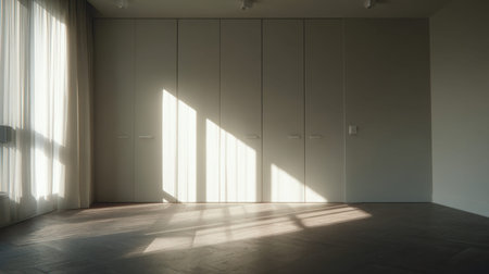 Bright and airy minimalist interior capturing soft shadows created by sunlight through sheer curtains. Ideal for modern design projects or tranquil settings.の素材