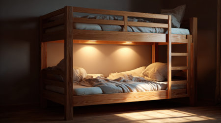 This image showcases a beautifully crafted wooden bunk bed, illuminated by warm lights underneath, creating a cozy and inviting atmosphere for children or guests.の素材
