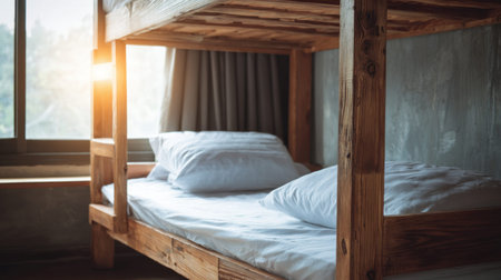 A cozy bunk bed made of wood, featuring soft pillows and a serene atmosphere. Sunlight fills the room, creating an inviting space ideal for shared living or travel accommodations.の素材