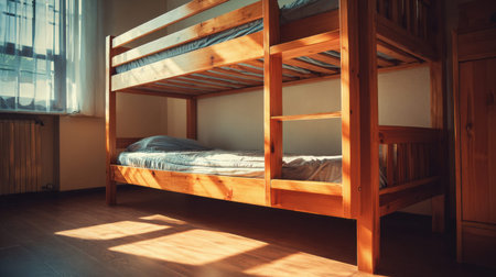 This image captures a cozy and inviting bedroom featuring a wooden bunk bed, soft bedding, and beautiful natural light, creating a perfect retreat for rest and relaxation.の素材