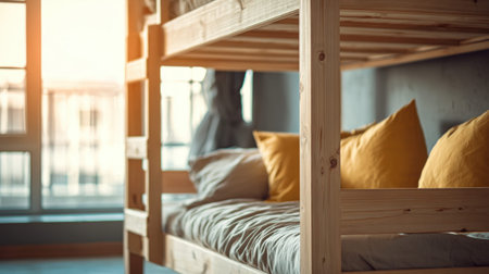 A beautifully crafted bunk bed featuring soft pillows and a serene ambiance, perfect for a cozy retreat or stylish dormitory setting bathed in warm sunlight.の素材