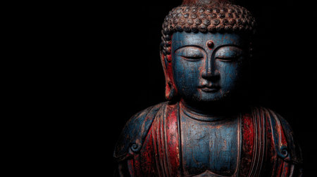 A captivating Buddha statue in vivid blue and red tones, embodying peace and meditation, set against a striking black backdrop, showcasing intricate craftsmanship and serenity.の素材