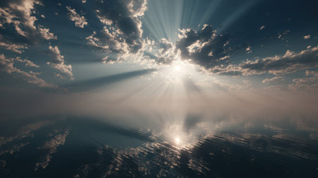 Majestic view of sunlight filtering through clouds, illuminating a tranquil body of water. This serene landscape captures the beauty of nature and evokes a peaceful atmosphere.の素材