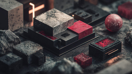 This abstract digital artwork captivates with its intricate shapes and vivid colors, blending texture and light to create a surreal and imaginative landscape.の素材