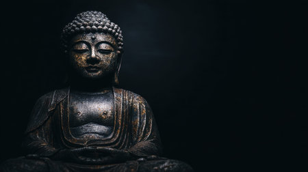 This captivating image of a Buddhist statue against a dark background showcases tranquility and spiritual depth, making it ideal for themes of meditation and mindfulness.の素材