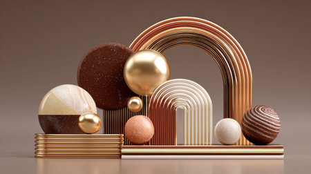 This abstract composition showcases a striking arrangement of geometric shapes and textures in warm tones, creating a visually engaging three-dimensional scene suitable for modern design aesthetics.の素材