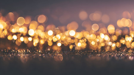 Dreamy golden bokeh lights create a soft and magical atmosphere, perfect for backgrounds in various artistic, festive, and decorative projects or designs.の素材