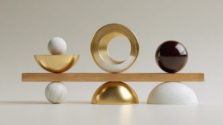 A visually striking arrangement of geometric shapes crafted from gold, marble, and wood, ideal for modern decor, artistic inspiration, and elegant design aesthetics.の素材