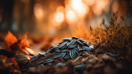 A captivating close-up of sunflower seeds resting on the ground, illuminated by warm bokeh lights and surrounded by vibrant autumn leaves, showcasing nature's beauty.の素材