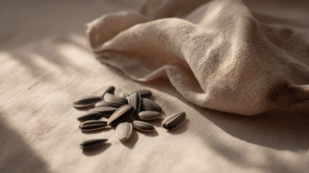 A serene composition of sunflower seeds scattered on soft fabric, illuminated by gentle light, creating a cozy and inviting atmosphere perfect for natural settings.の素材