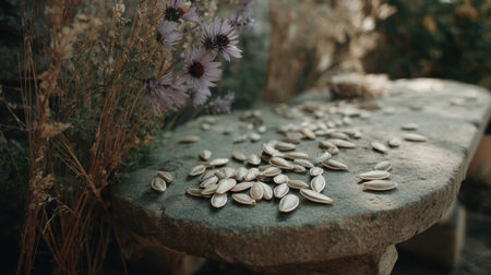 A serene outdoor setting features pumpkin seeds scattered on a rustic stone table, artistically complemented by wildflowers and dried plants, evoking warmth and natural beauty.の素材