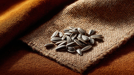 A stunning close-up image showcasing sunflower seeds on textured fabric, emphasizing natural food concepts and culinary uses with earthy tones and warmth.の素材