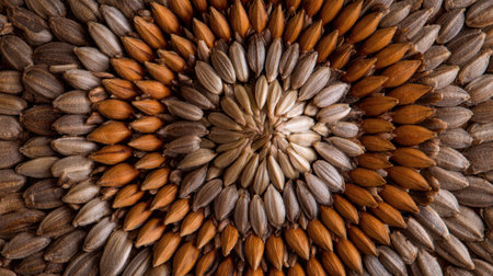 Stunning display of various seeds arranged in a spiral pattern, showcasing the beauty of nature's diversity and textures, ideal for organic and eco-friendly projects.の素材