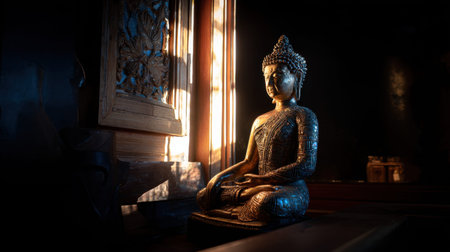 A beautifully crafted Buddha statue set in a softly lit space, capturing a moment of tranquility. The warm light accentuates the intricate details and serene expression.の素材