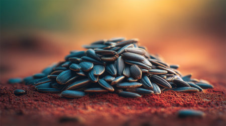 A stunning close-up of a pile of black sunflower seeds set against a blurred, colorful background, emphasizing their unique texture and the beauty of natural food elements.の素材