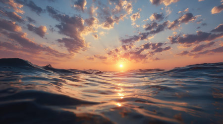 A breathtaking view of the ocean at sunset, featuring gentle waves and a colorful sky filled with clouds and sunlight, creating a serene and tranquil atmosphere.の素材