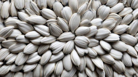 A stunning close-up image of shelled sunflower seeds displaying their unique pattern and texture, ideal for healthy lifestyle themes, cooking inspiration, and dietary choices.の素材
