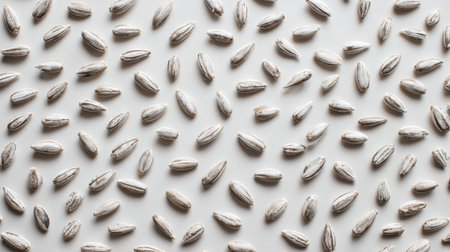 An overhead view of raw sunflower seeds scattered on a light backdrop, highlighting their unique textures and natural colors, perfect for showcasing healthy eating and nutrition concepts.の素材