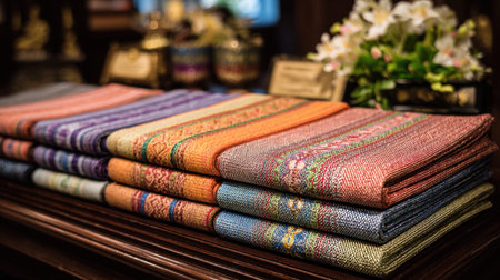 A stunning display of vibrantly colored woven textiles, highlighting traditional techniques and exquisite craftsmanship. Perfect for showcasing cultural artistry in any setting.の素材