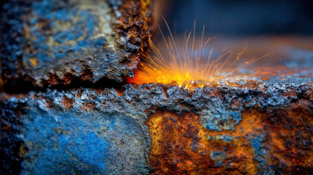 A stunning close-up image showcases metal surfaces with vivid colors and sparks, emphasizing the dynamic beauty of industrial processes and material textures.の素材