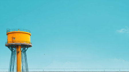 A striking image of a bright yellow water tower standing tall against a clear blue sky, showcasing modern urban infrastructure and minimalistic design elements perfect for various creative projects.の素材