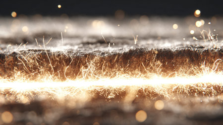 A mesmerizing close-up view showcasing glowing sparks and light trails on a dark background, embodying the dynamic energy and abstract beauty of fire and heat in a striking composition.の素材
