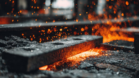 Capturing the essence of industrial blacksmithing, this image showcases molten metal and vibrant sparks in a dynamic forging workshop environment.の素材