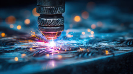 A dynamic close-up of laser cutting equipment at work, showcasing vibrant sparks and intricate metal patterns. This image captures the essence of modern manufacturing technology and innovation.の素材