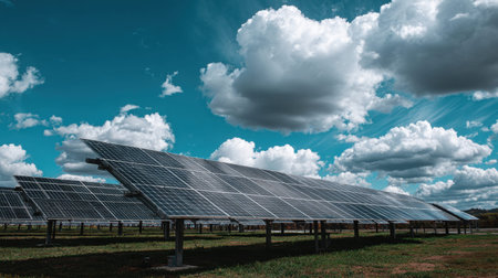 A captivating view of a solar farm featuring rows of solar panels shining under a brilliant blue sky dotted with fluffy clouds, symbolizing eco-friendly energy solutions.の素材