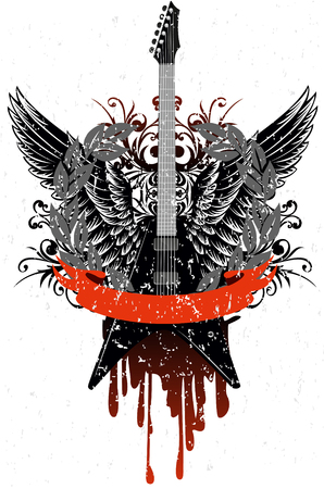   image guitar with wings, patterns and ribbonのイラスト素材